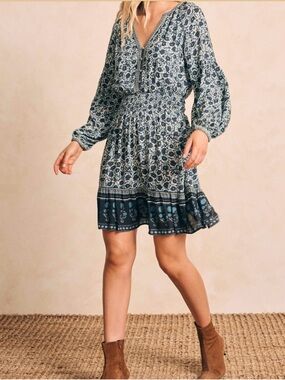 Faherty Teal Floral V-Neck Long Sleeve Mini Dress